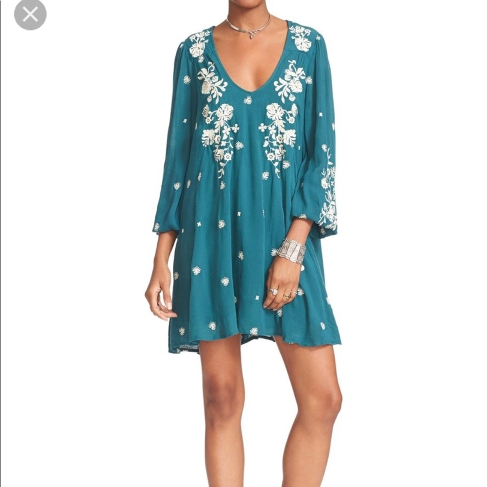Free People Embroidered Austin Teal Cream Floral S